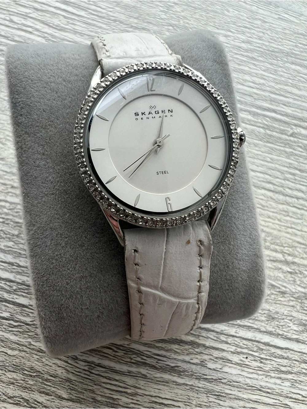 Skagen Silver and White Crystal-Trim Leather Strap Watch